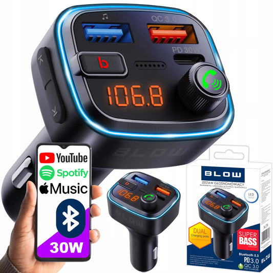 BLUETOOTH 5.3 FM siųstuvas QC 3.0 PD30W stiprus bosas įkroviklis mikrofonas