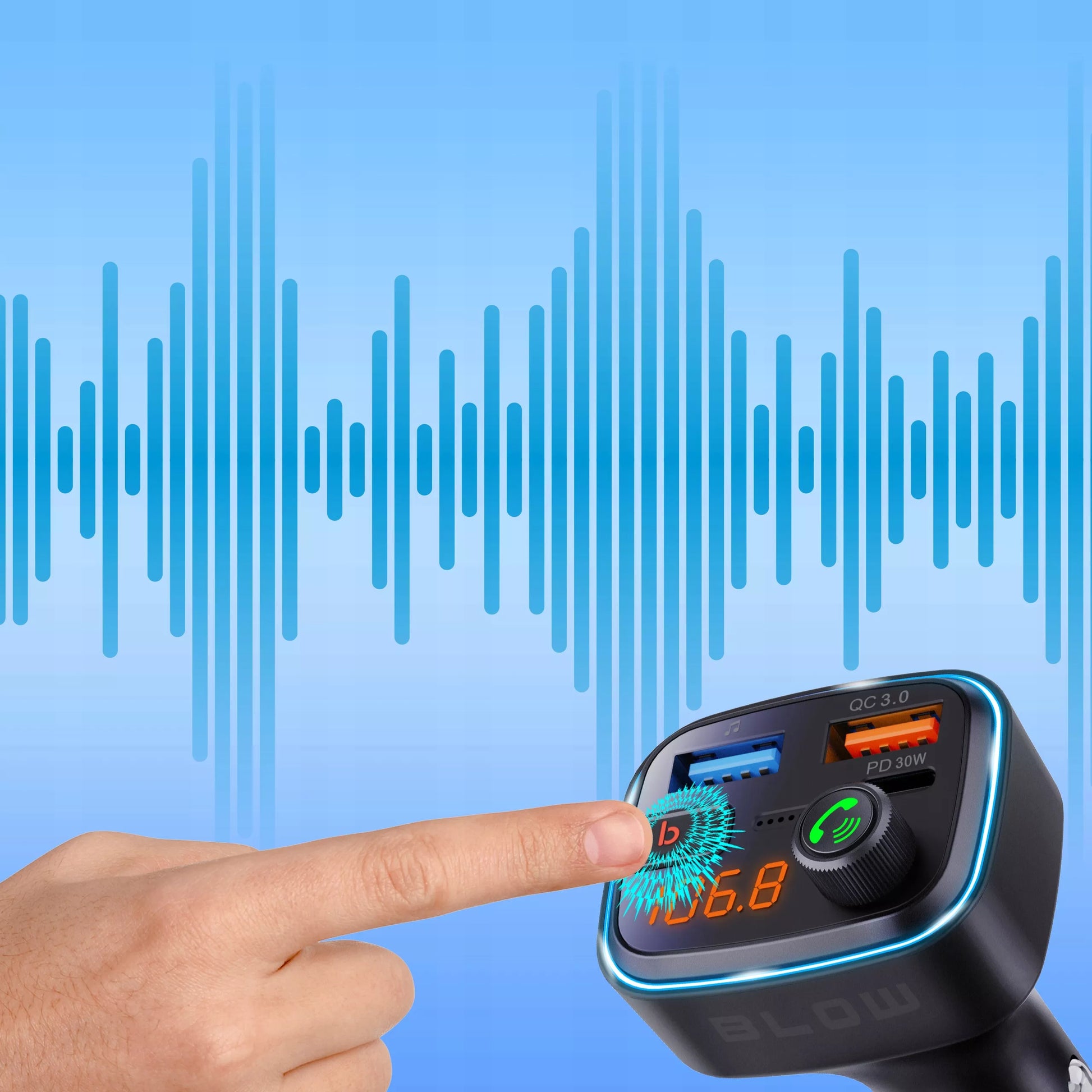 BLUETOOTH 5.3 FM siųstuvas QC 3.0 PD30W stiprus bosas įkroviklis mikrofonas