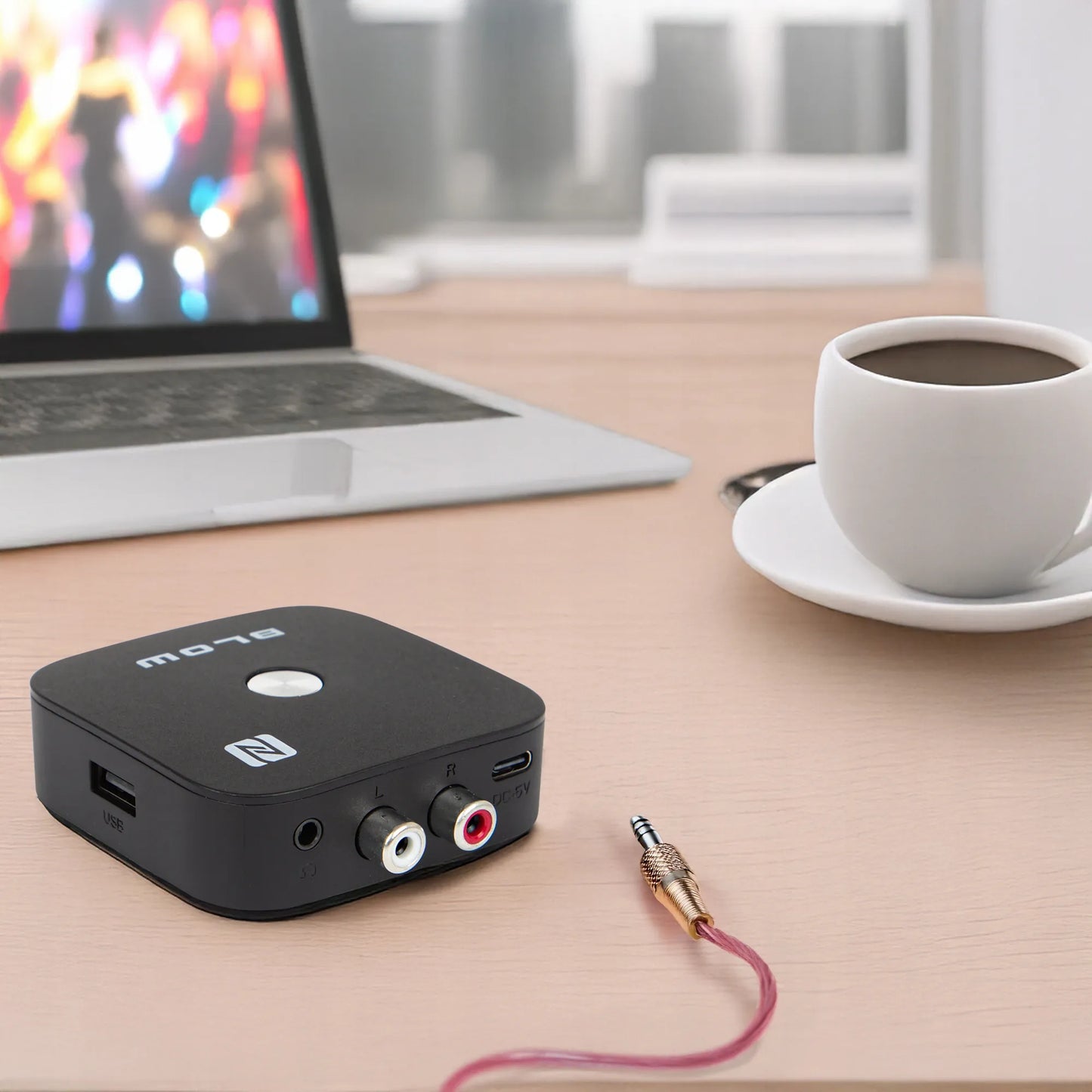 BLUETOOTH 5.3 NFC RCA AUX USB imtuvas, siųstuvas, adapteris garso aparatūrai su nuotolinio valdymo pulteliu