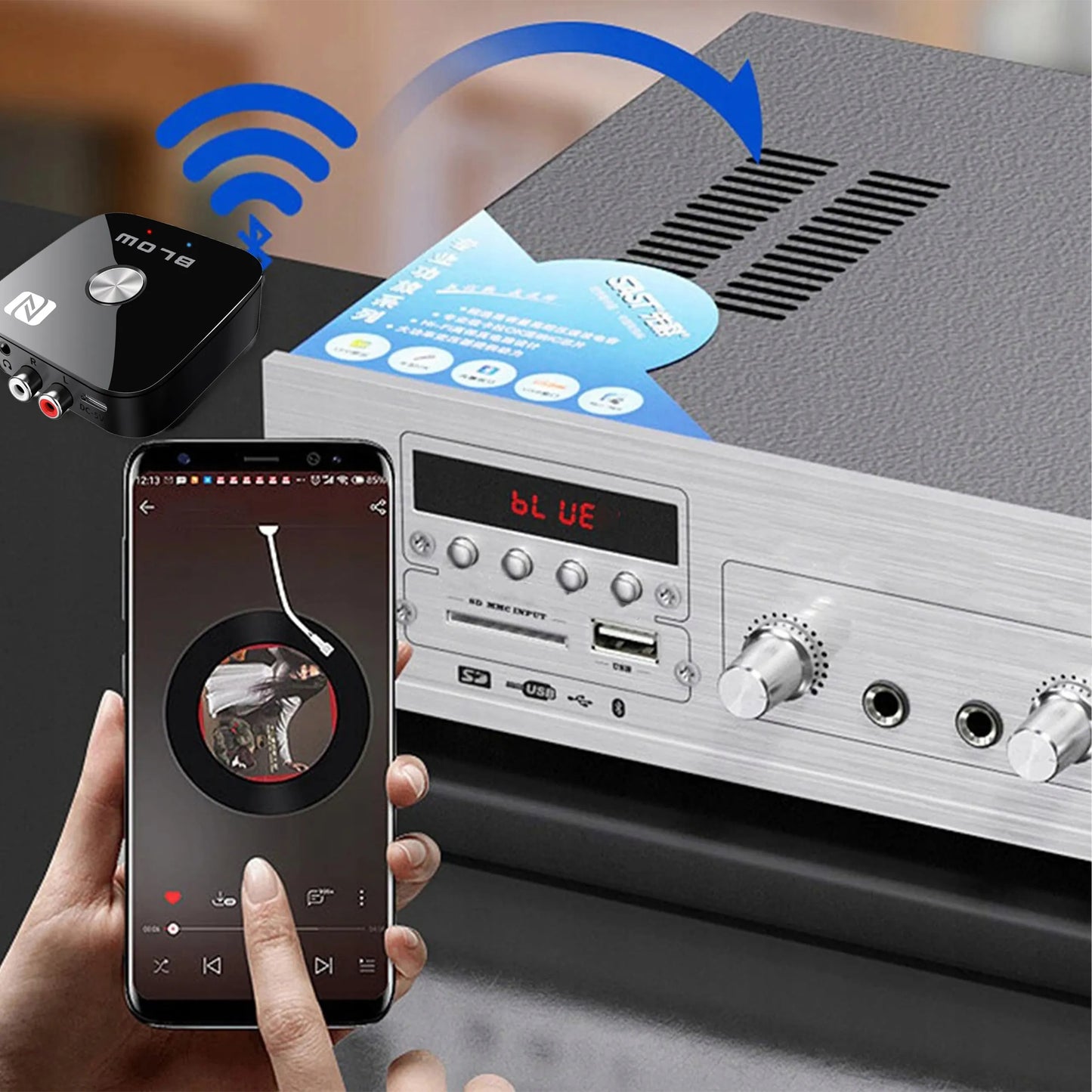BLUETOOTH 5.3 NFC RCA AUX USB imtuvas, siųstuvas, adapteris garso aparatūrai su nuotolinio valdymo pulteliu