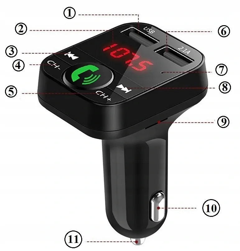 Bluetooth FM siųstuvas, įkroviklis 2xUSB, MP3, SD, LCD