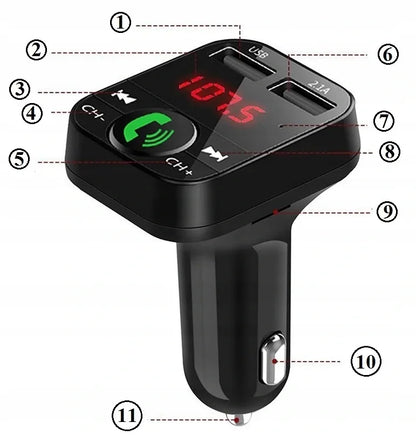Bluetooth FM siųstuvas, įkroviklis 2xUSB, MP3, SD, LCD