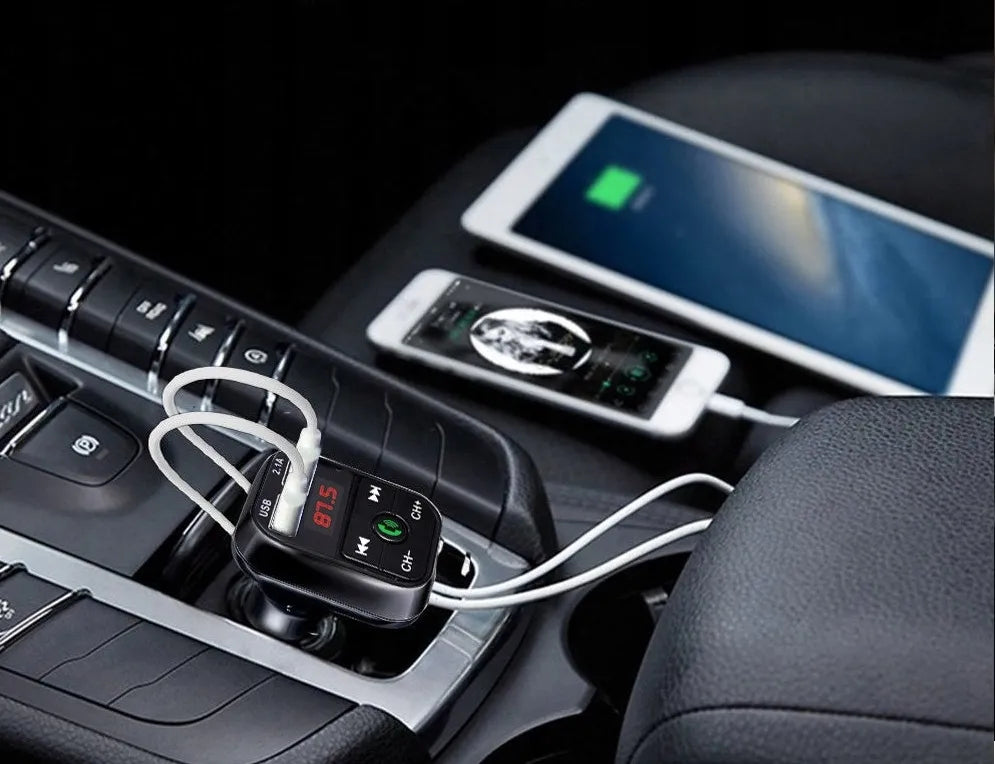Bluetooth FM siųstuvas, įkroviklis 2xUSB, MP3, SD, LCD
