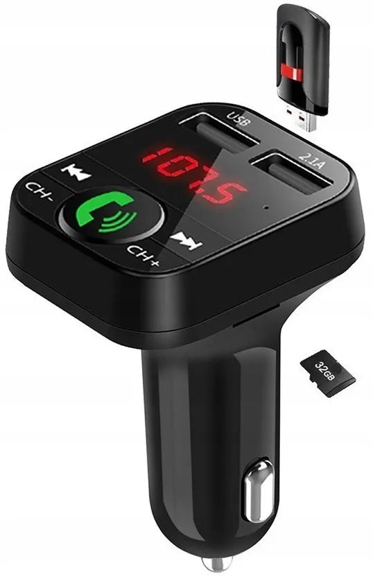 Bluetooth FM siųstuvas, įkroviklis 2xUSB, MP3, SD, LCD