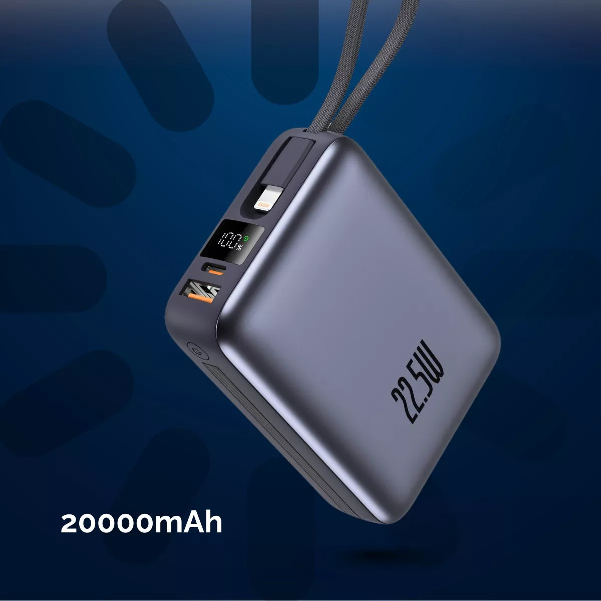 Boste išorinė baterija 20000mAh 22.5W su integruotais USB-C ir Lightning laidais PD QC