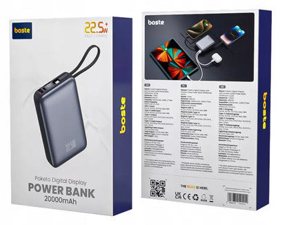 Boste išorinė baterija 20000mAh 22.5W su integruotais USB-C ir Lightning laidais PD QC