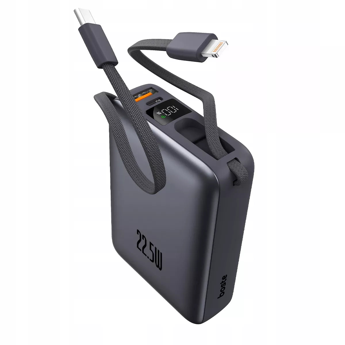 Boste išorinė baterija 20000mAh 22.5W su integruotais USB-C ir Lightning laidais PD QC