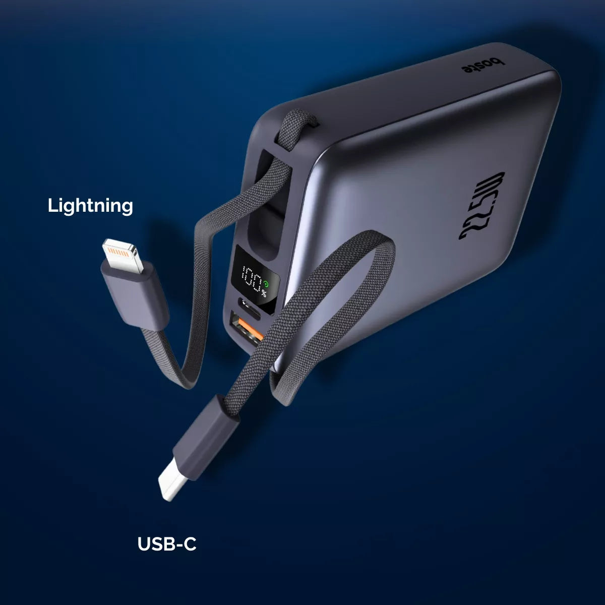 Boste išorinė baterija 20000mAh 22.5W su integruotais USB-C ir Lightning laidais PD QC