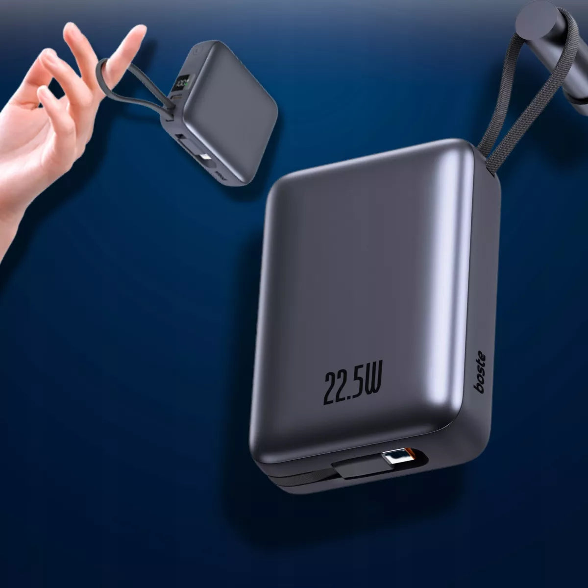 Boste išorinė baterija 20000mAh 22.5W su integruotais USB-C ir Lightning laidais PD QC