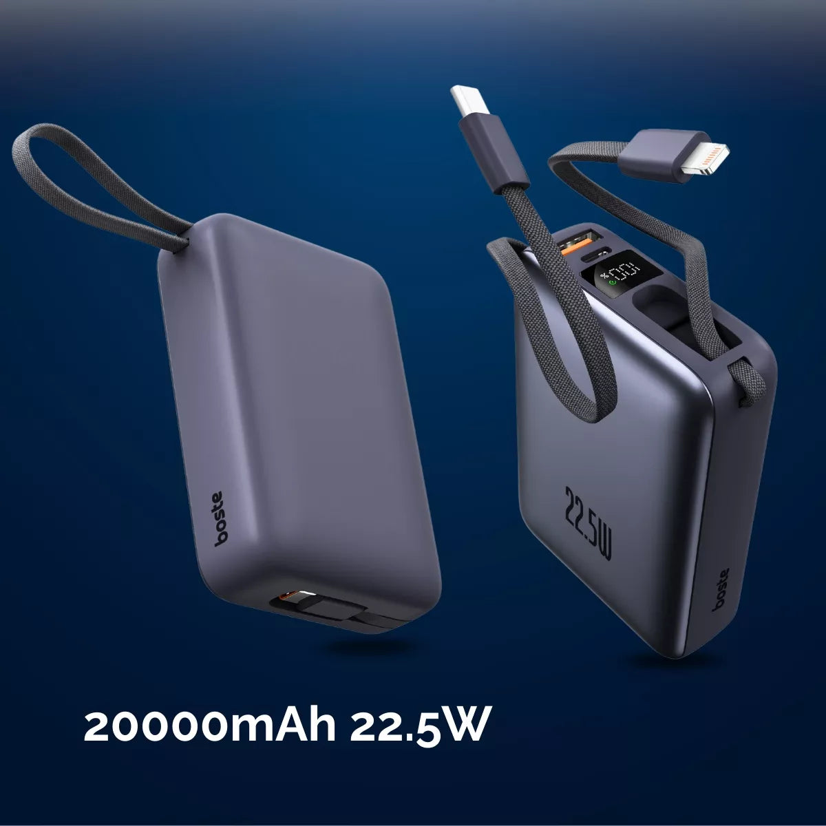 Boste išorinė baterija 20000mAh 22.5W su integruotais USB-C ir Lightning laidais PD QC