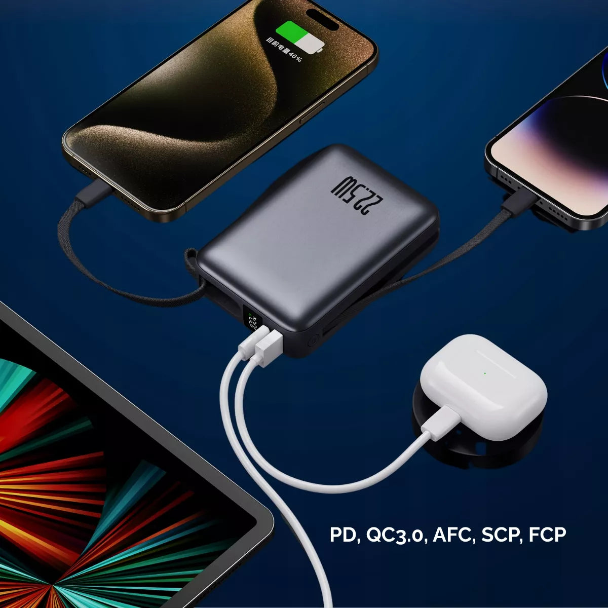 Boste išorinė baterija 20000mAh 22.5W su integruotais USB-C ir Lightning laidais PD QC