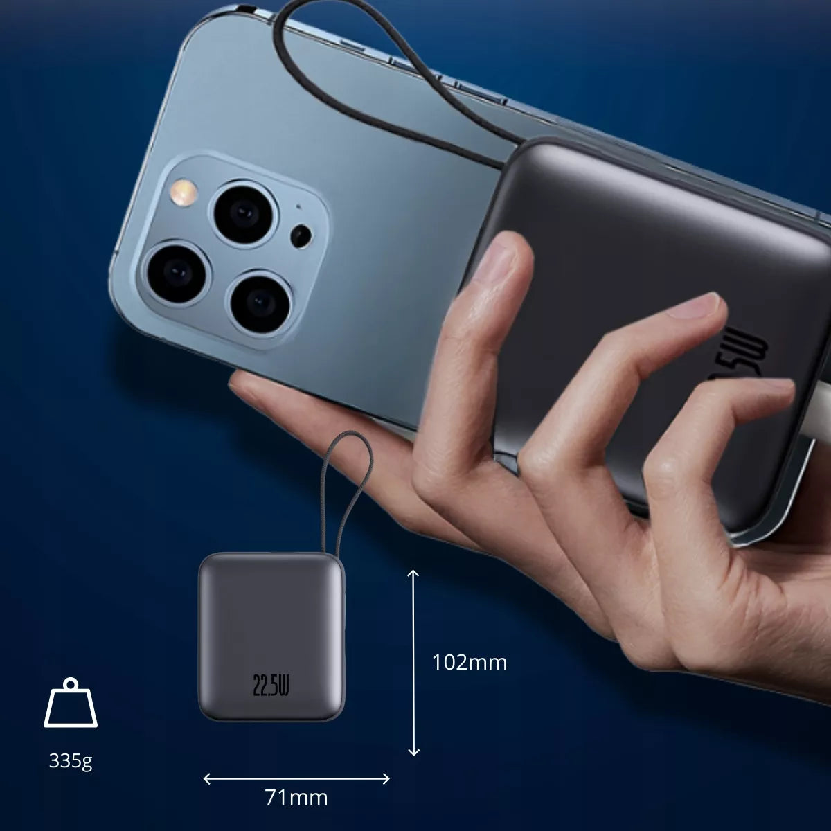 Boste išorinė baterija 20000mAh 22.5W su integruotais USB-C ir Lightning laidais PD QC