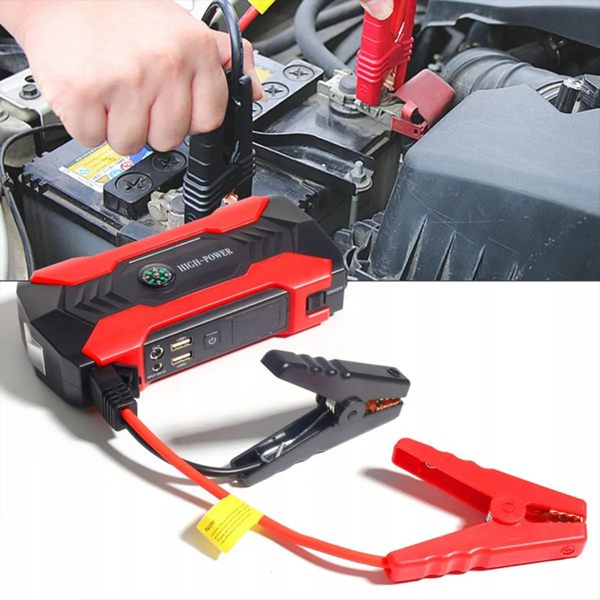 BUSTER automobilinis paleidimo įrenginys, išorinė baterija, akumuliatoriaus gnybtai ir žibintuvėlis