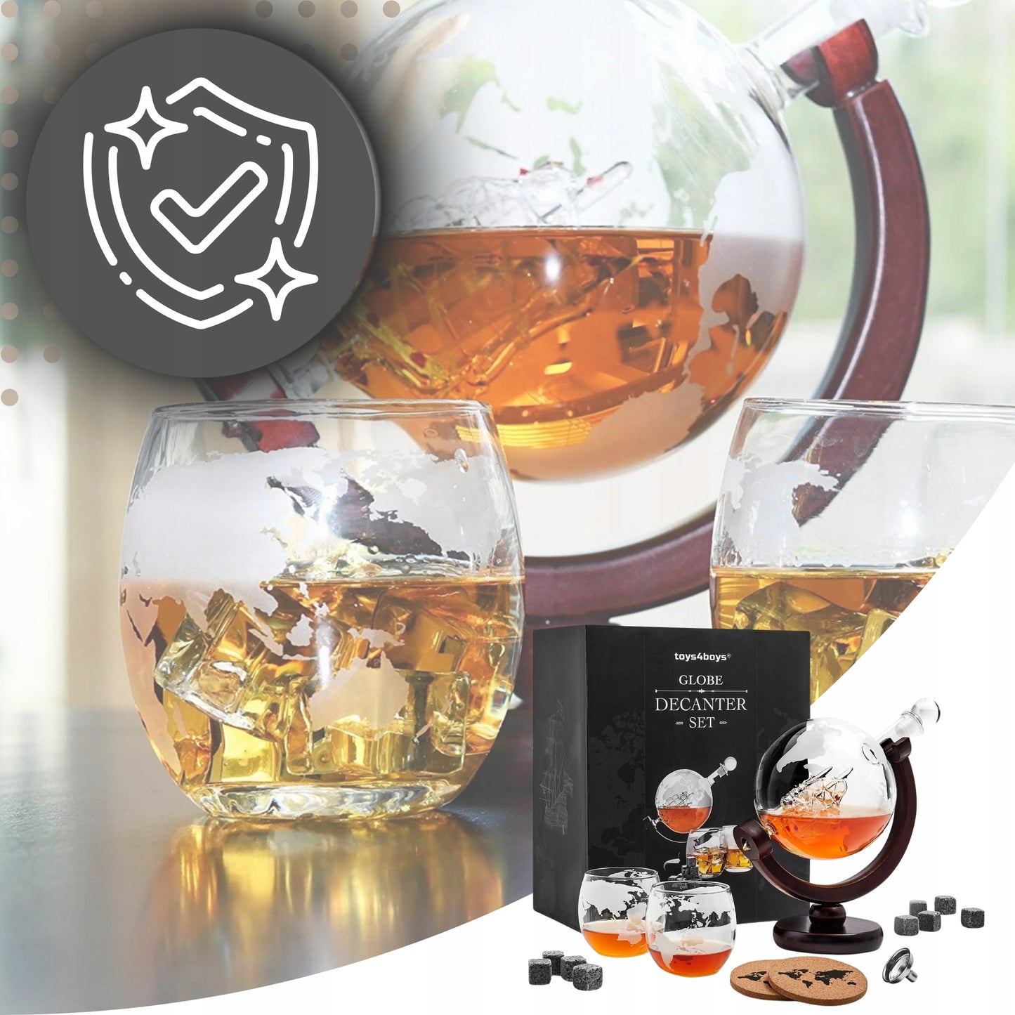 Viskių grafinas "Globus", stiklinės, akmenukai, stilinga dovana tėčiui, RINKINYS
