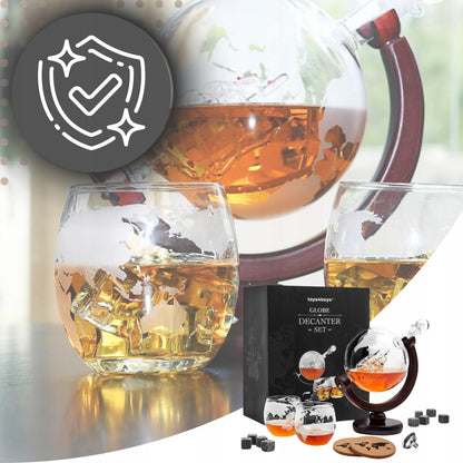 Viskių grafinas "Globus", stiklinės, akmenukai, stilinga dovana tėčiui, RINKINYS