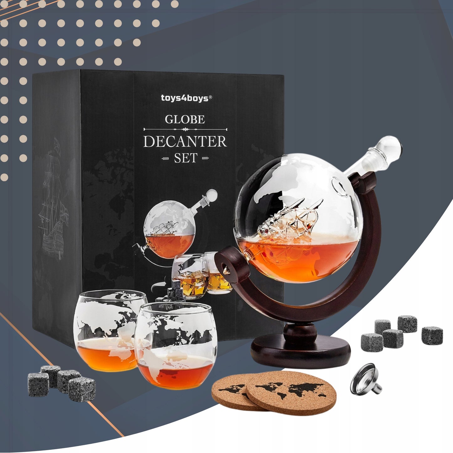 Viskių grafinas "Globus", stiklinės, akmenukai, stilinga dovana tėčiui, RINKINYS