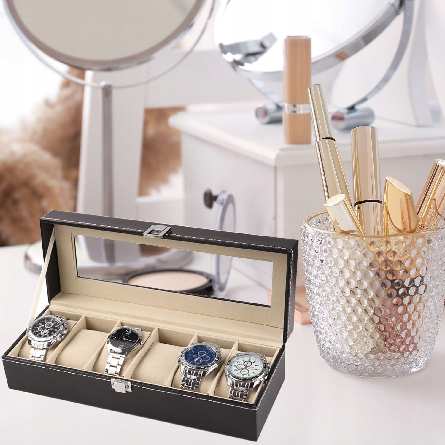 LAIKRODŽIŲ DĖŽUTĖ PAPUOŠALŲ ORGANIZATORIUS 6 SKYRIŲ JUODA STILINGA