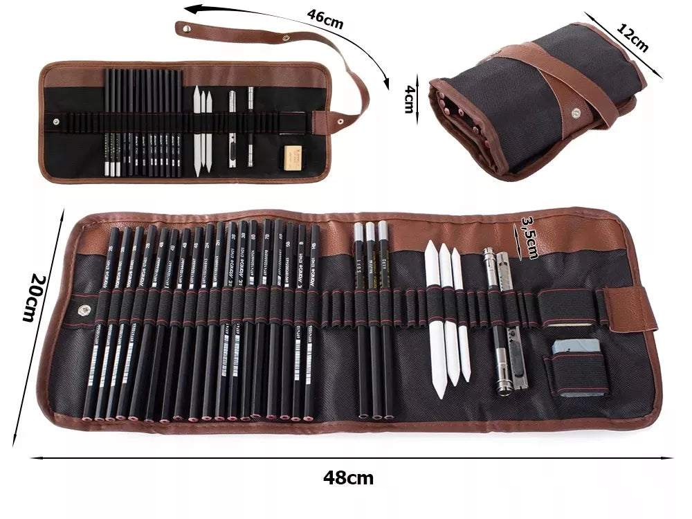 Profesionalus 29in1 eskizavimo ir piešimo rinkinys: anglis, pieštukai, maišytuvai