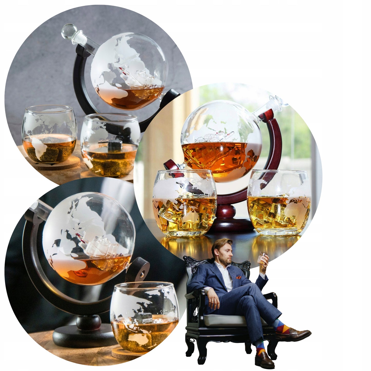 Viskių grafinas "Globus", stiklinės, akmenukai, stilinga dovana tėčiui, RINKINYS
