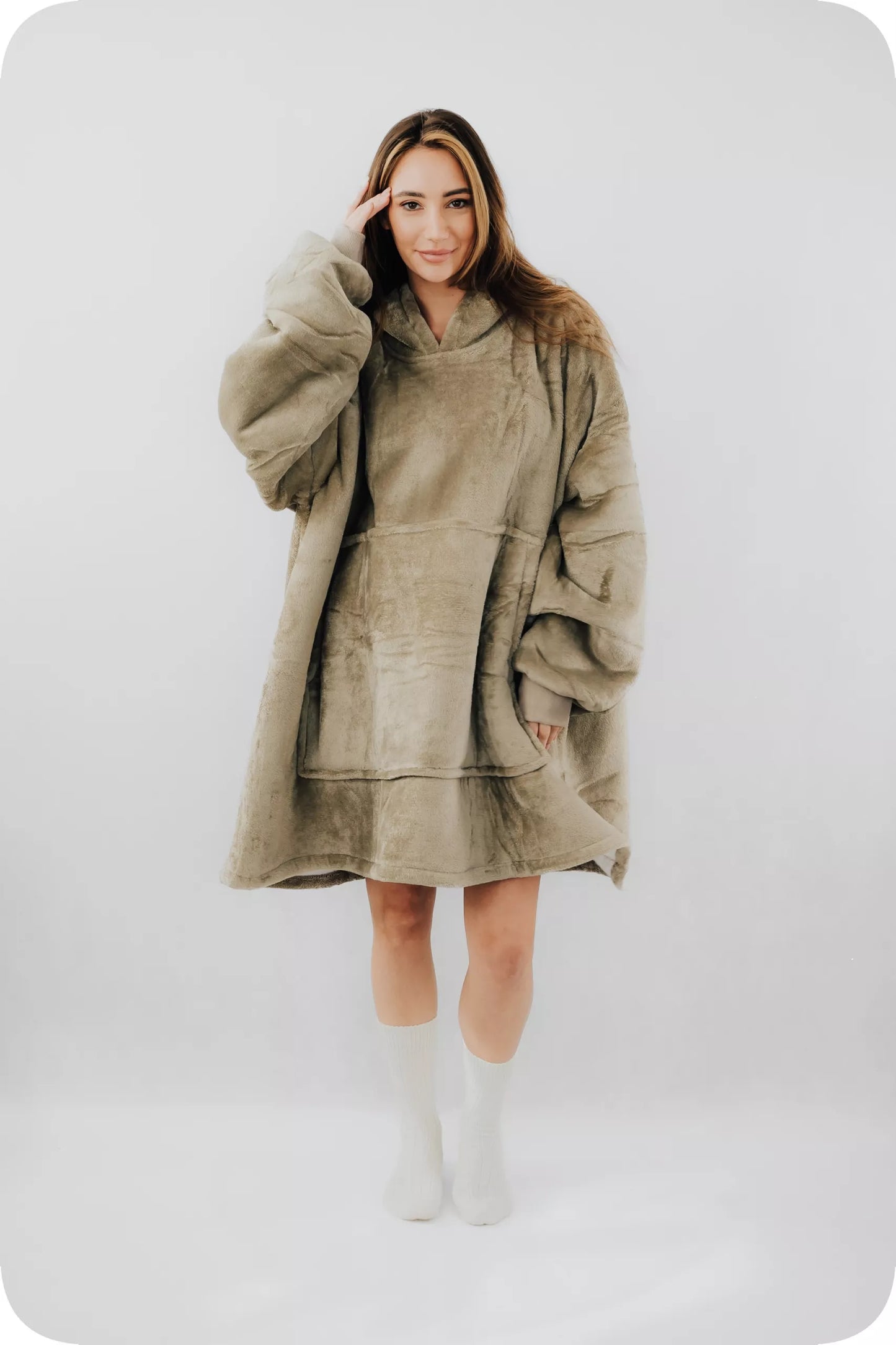 „Comfy Moment“ "Sherpa“ džemperis/pledas, "beige" – storas, purus, "oversize" stiliaus