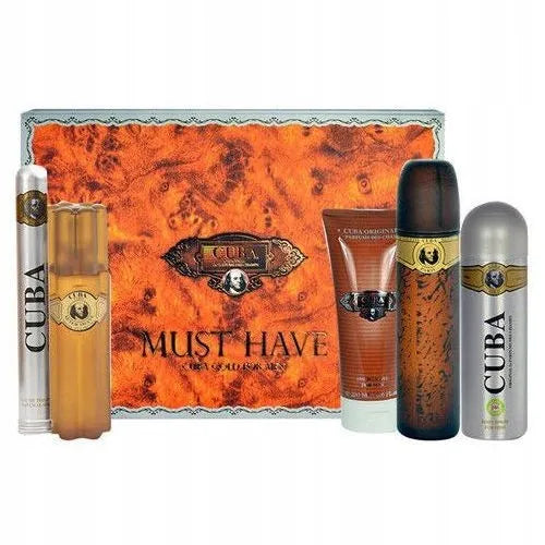 Cuba Original Cuba Gold Must Have vyriškas rinkinys: tualetinis vanduo 100 ml ir 35 ml, dezodorantas 200 ml, dušo želė 200 ml, vanduo po skutimosi 100 ml