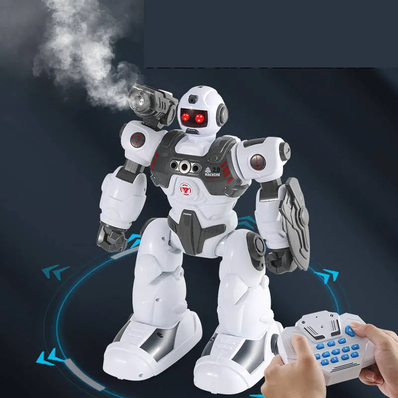 Daugiafunkcis nuotoliniu būdu valdomas robotas, šaudantis strėlytėmis ir skleidžiantis garų efektą, su pultu ir programavimo funkcija