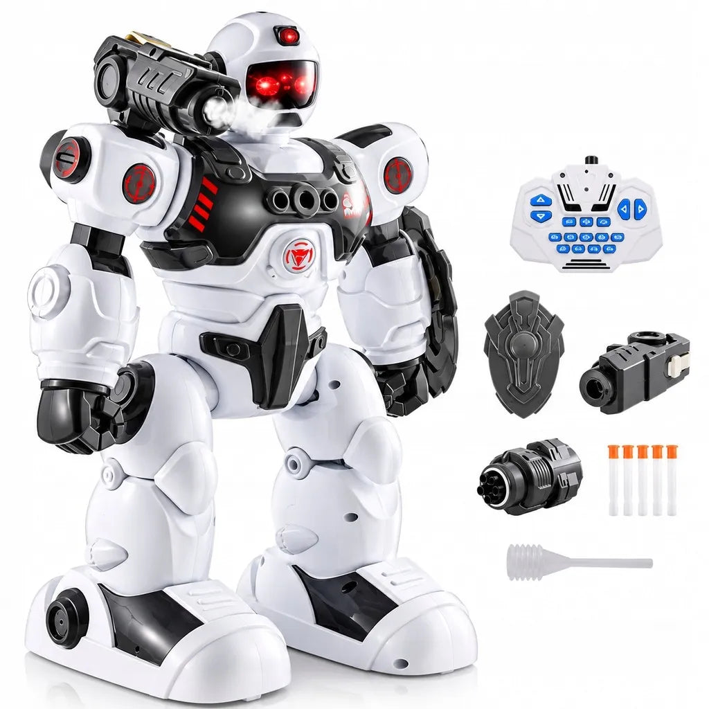 Daugiafunkcis nuotoliniu būdu valdomas robotas, šaudantis strėlytėmis ir skleidžiantis garų efektą, su pultu ir programavimo funkcija
