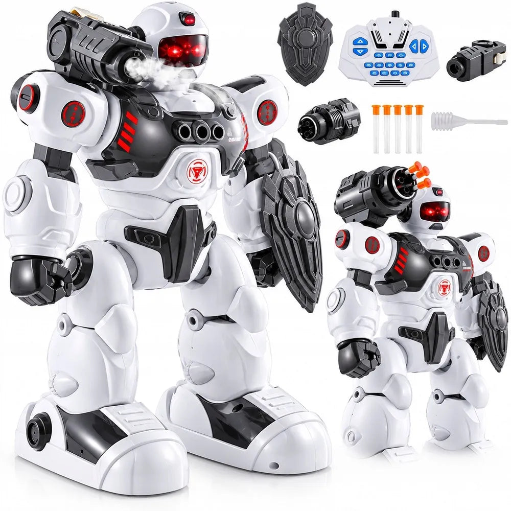 Daugiafunkcis nuotoliniu būdu valdomas robotas, šaudantis strėlytėmis ir skleidžiantis garų efektą, su pultu ir programavimo funkcija