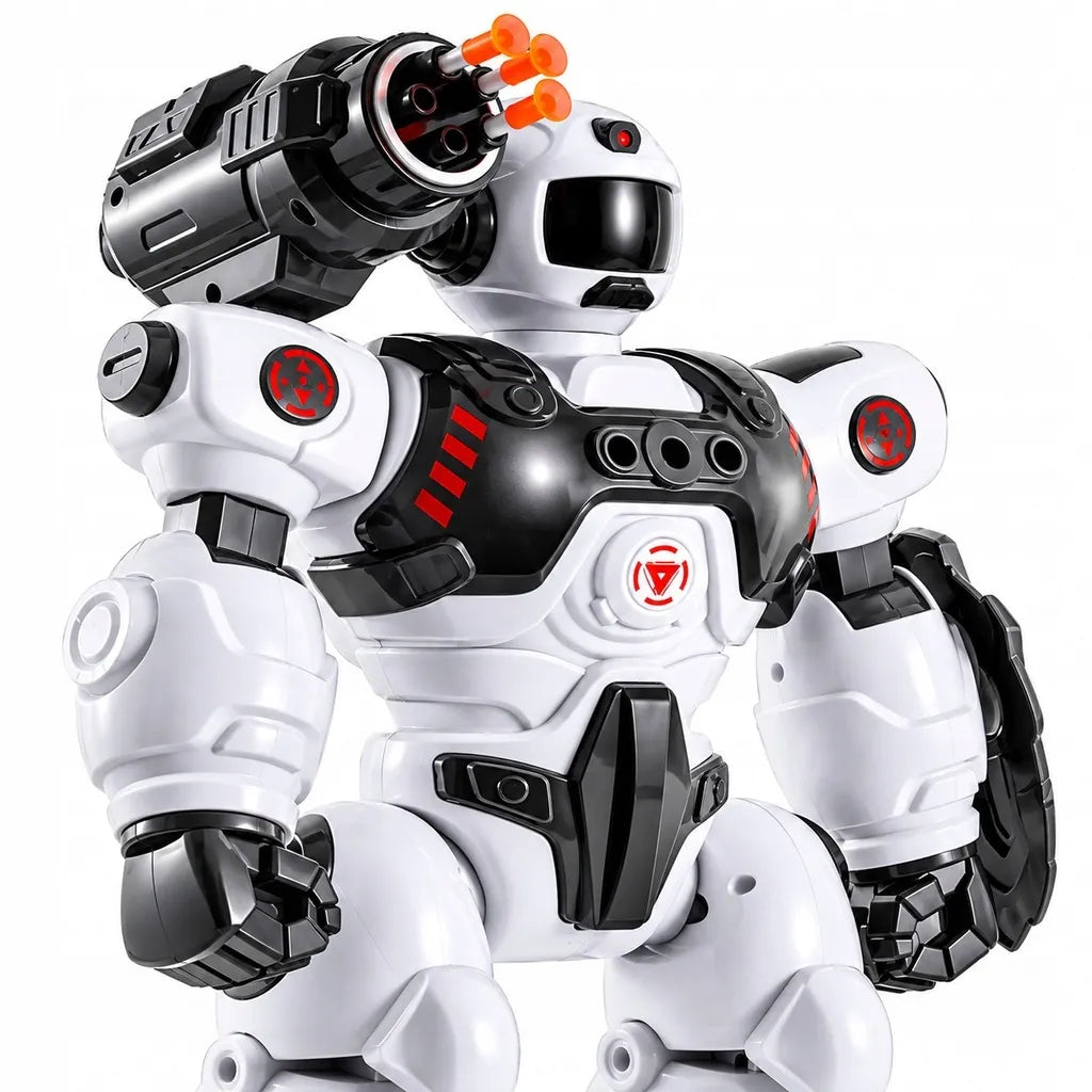 Daugiafunkcis nuotoliniu būdu valdomas robotas, šaudantis strėlytėmis ir skleidžiantis garų efektą, su pultu ir programavimo funkcija