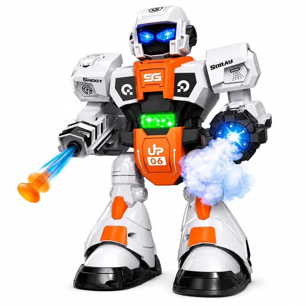 Daugiafunkcis nuotoliniu būdu valdomas robotas, šaudo strėlytėmis, skleidžia garus ir šoka