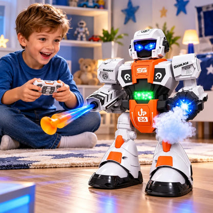 Daugiafunkcis nuotoliniu būdu valdomas robotas, šaudo strėlytėmis, skleidžia garus ir šoka
