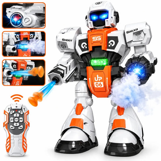 Daugiafunkcis nuotoliniu būdu valdomas robotas, šaudo strėlytėmis, skleidžia garus ir šoka