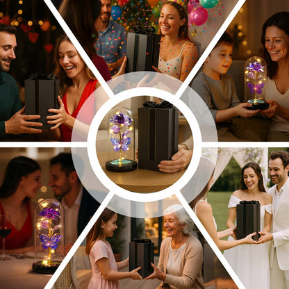 Amžina Rožė Stiklinėje su LED – Violetinė Lemputė – Dovana Moteriai Niej Murrano