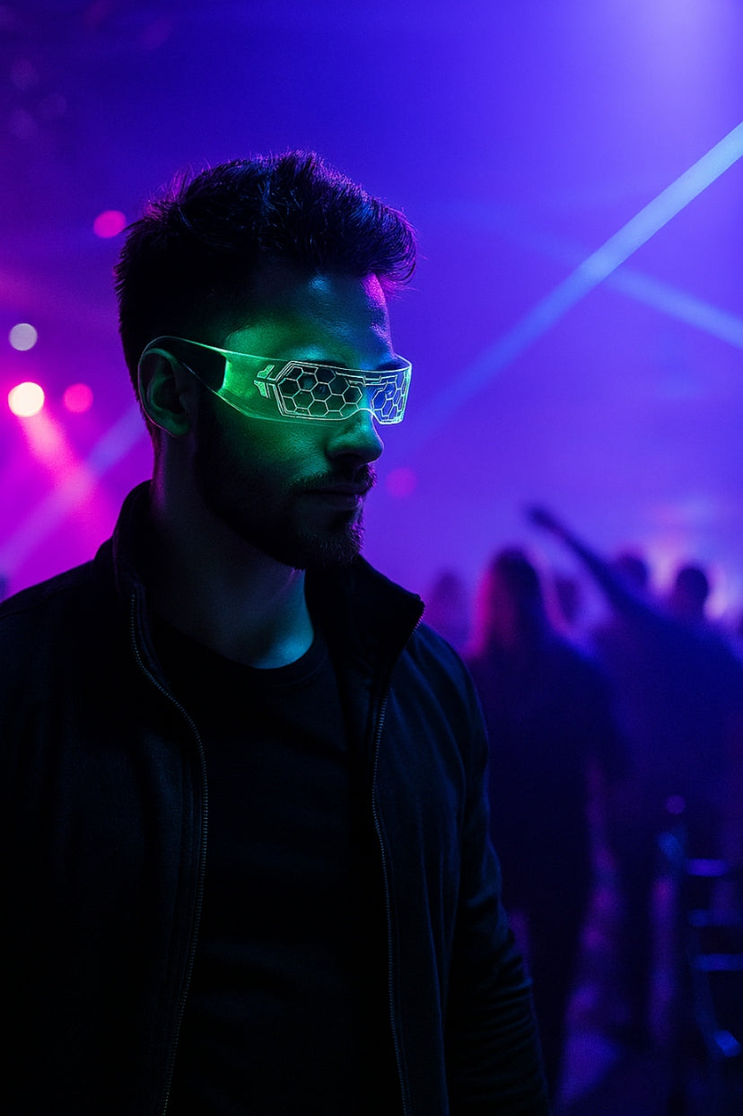 RGB LED akiniai, šviečiantys 7 spalvomis, vakarėliui, "Cyberpunk", neoniniai, festivaliui