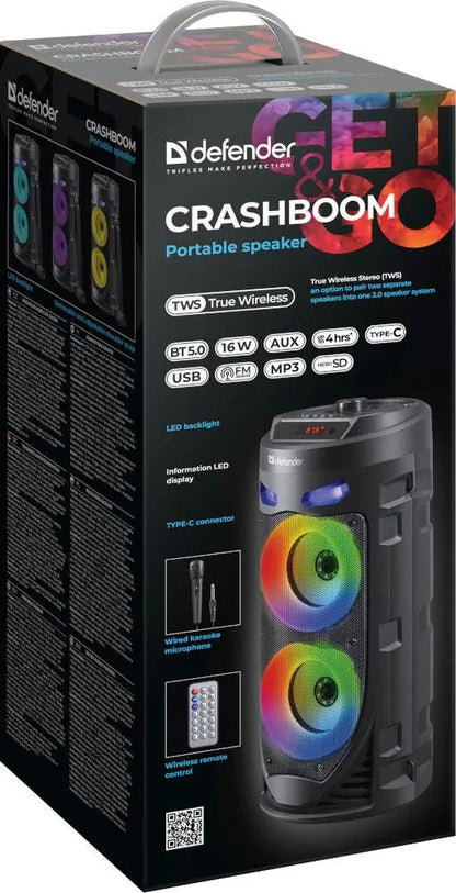 Defender CRASHBOOM 16 W „Bluetooth“ kolonėlė su karaoke, MP3, FM radiju, SD, AUX, TWS ir LED apšvietimu