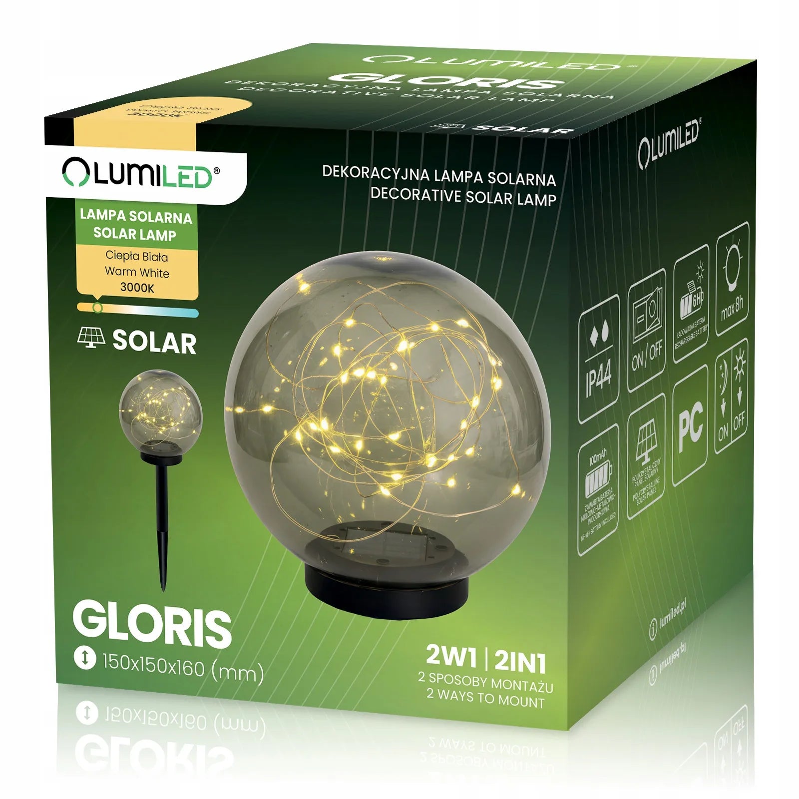 Dekoracinis saulės energija maitinamas sodo LED šviestuvas-rutulys, 15 cm