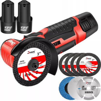 Delphi MG-01 akumuliatorinis bešepetėlinis mini kampinis šlifuoklis, 2 akumuliatoriai, 7 diskai