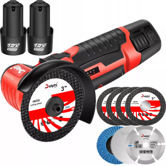 Delphi MG-01 akumuliatorinis bešepetėlinis mini kampinis šlifuoklis, 2 akumuliatoriai, 7 diskai