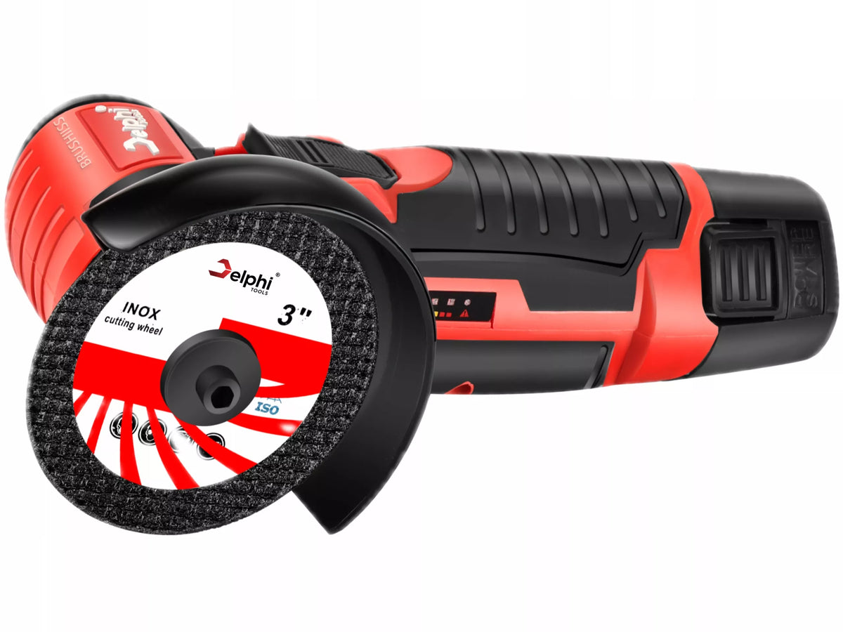Delphi MG-01 akumuliatorinis bešepetėlinis mini kampinis šlifuoklis, 2 akumuliatoriai, 7 diskai