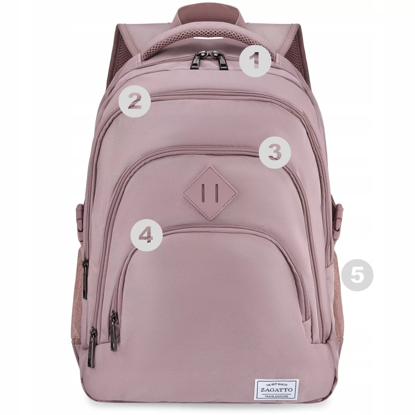 Didelė rožinė moteriška kuprinė mokyklai talpi su skyriumi 17" nešiojamam kompiuteriui ZAGATTO