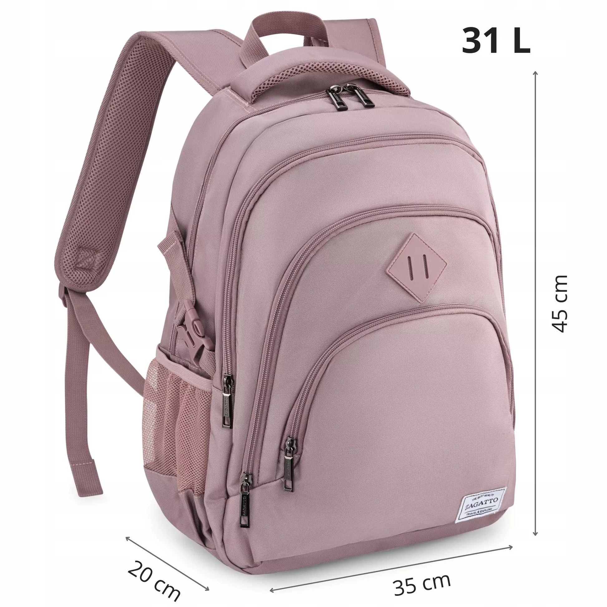 Didelė rožinė moteriška kuprinė mokyklai talpi su skyriumi 17" nešiojamam kompiuteriui ZAGATTO