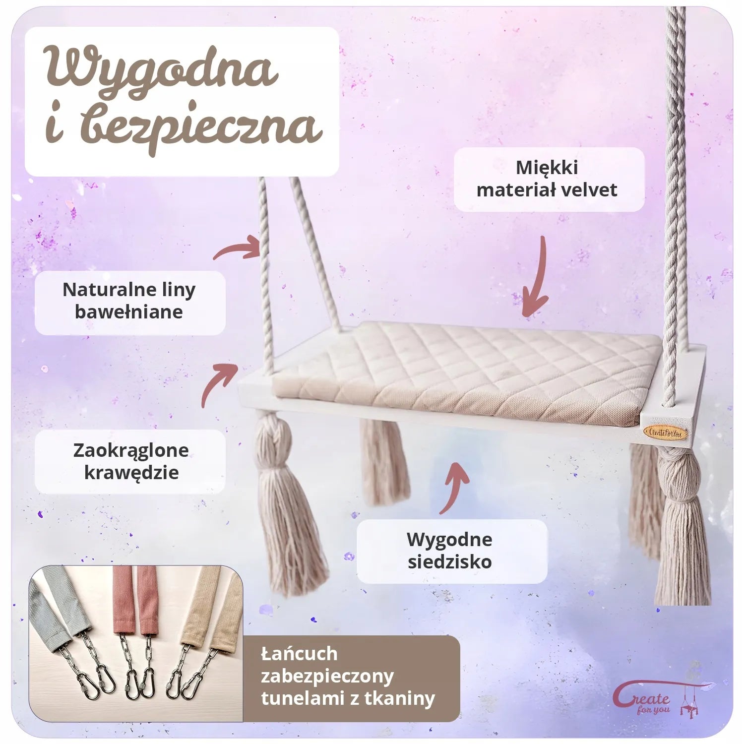 Didelės medinės vaikiškos sūpynės namams, dygsniuotos, SMĖLINĖS