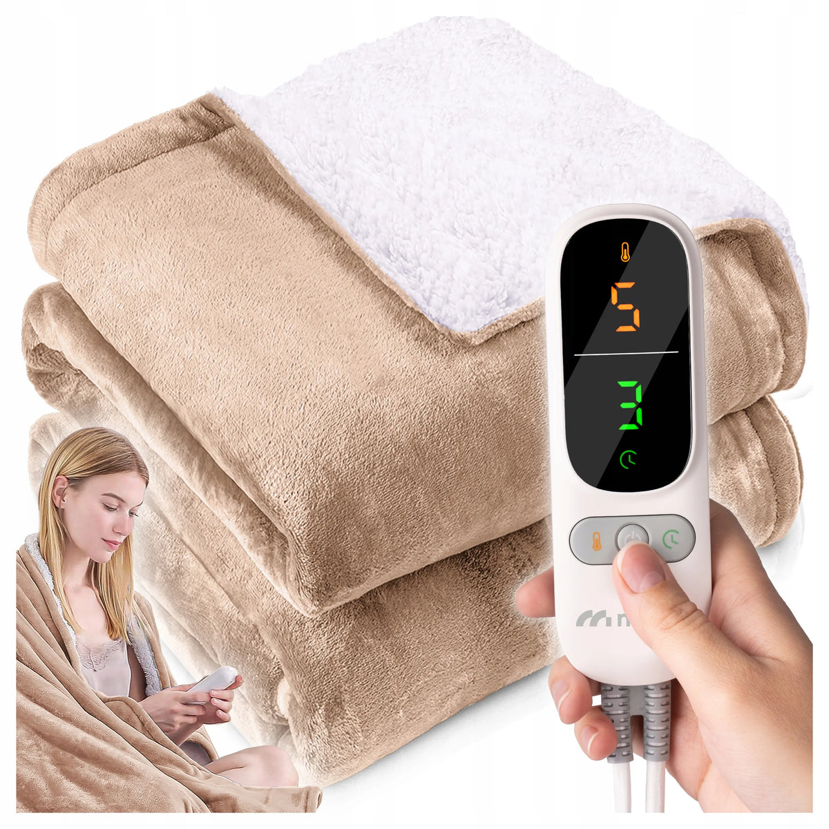 Didelis elektrinis šildomasis pledas Maltec CozyHeat160W Beige, 180 × 160 cm, 160 W, su laikmačiu ir valdikliu