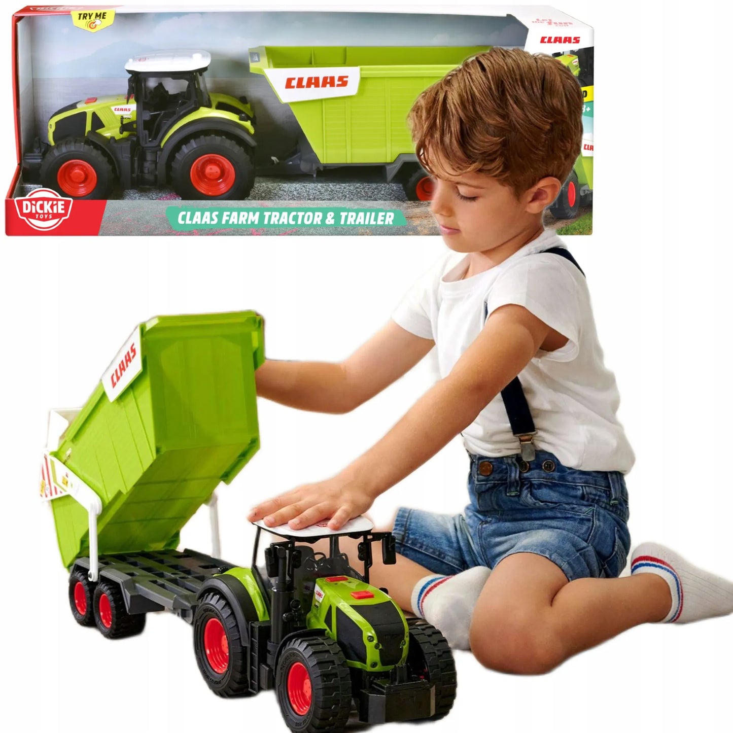 Didelis interaktyvus traktorius su priekaba Claas su šviesos ir garso efektais 64 cm