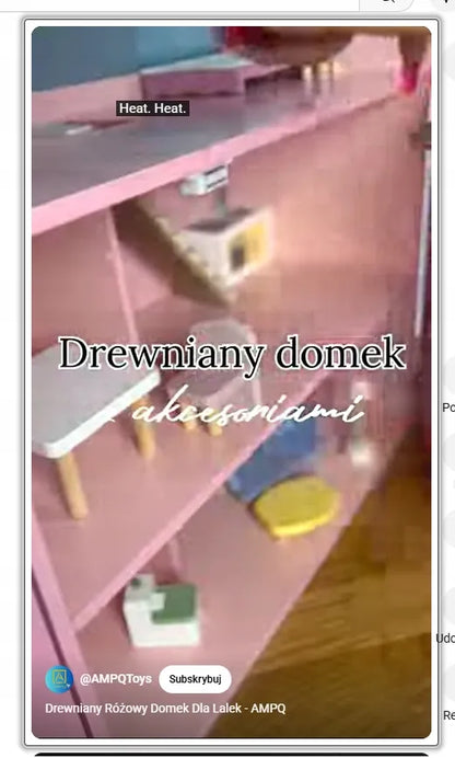 Didelis medinis lėlių namas, pudros rausvos spalvos, su baldais, atidaromas