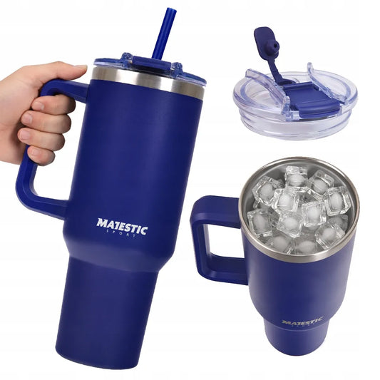Didelis plieninis termopuodelis su šiaudeliu Majestic Sport Uno, tamsiai mėlynas, 1200 ml