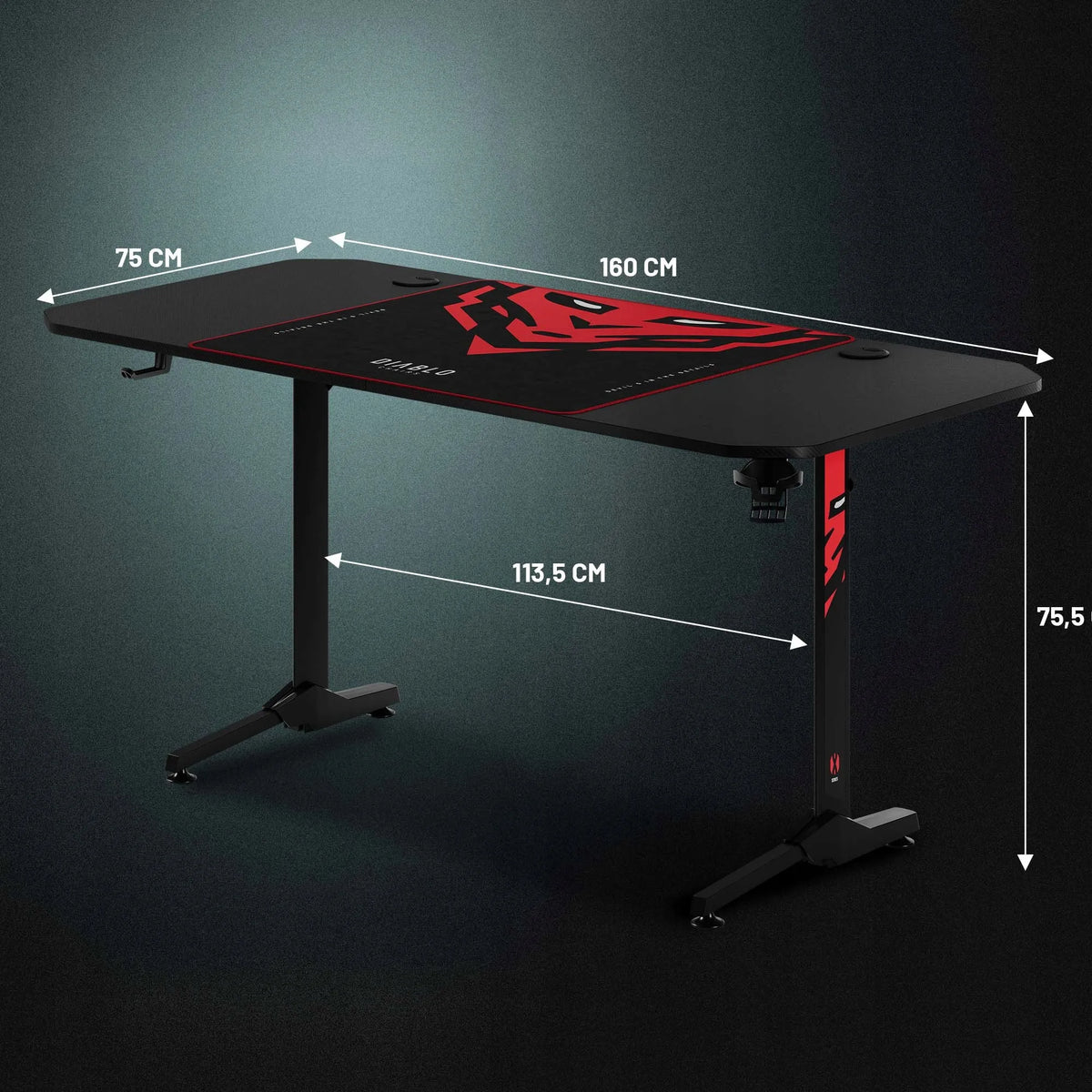 Didelis žaidimų stalas DIABLO X-MATE 1600, 160 cm, juodas, su laikikliais ir pelės kilimėliu