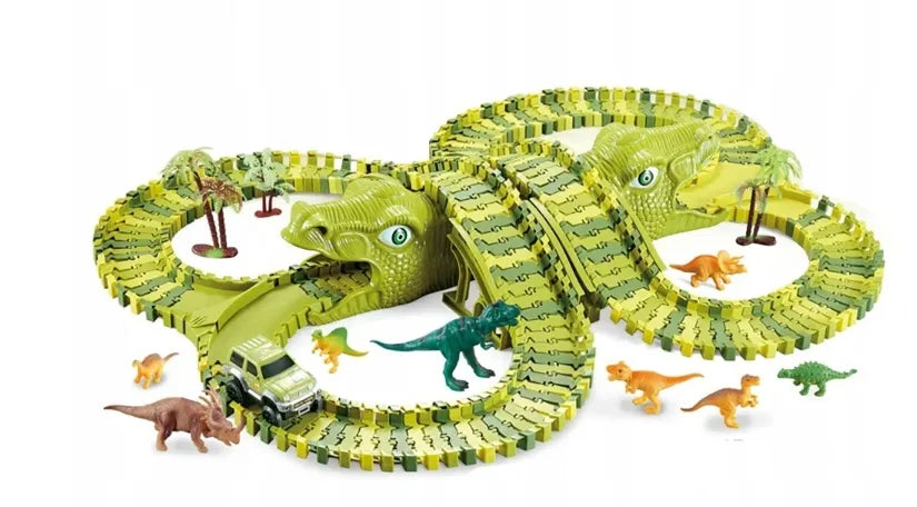 Dinozaurų parko lenktynių trasa „Magic Track“ su automobiliu, konstruktoriaus rinkinys, 270 dalių