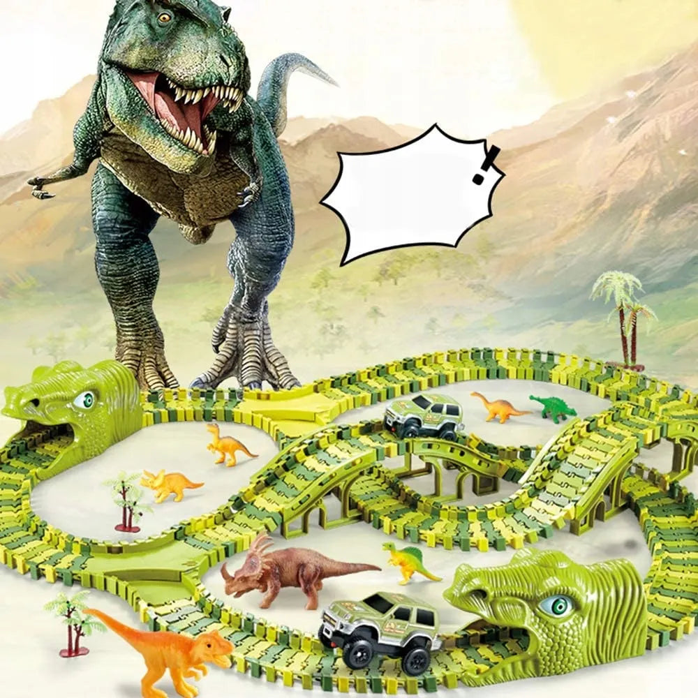 Dinozaurų parko lenktynių trasa „Magic Track“ su automobiliu, konstruktoriaus rinkinys, 270 dalių