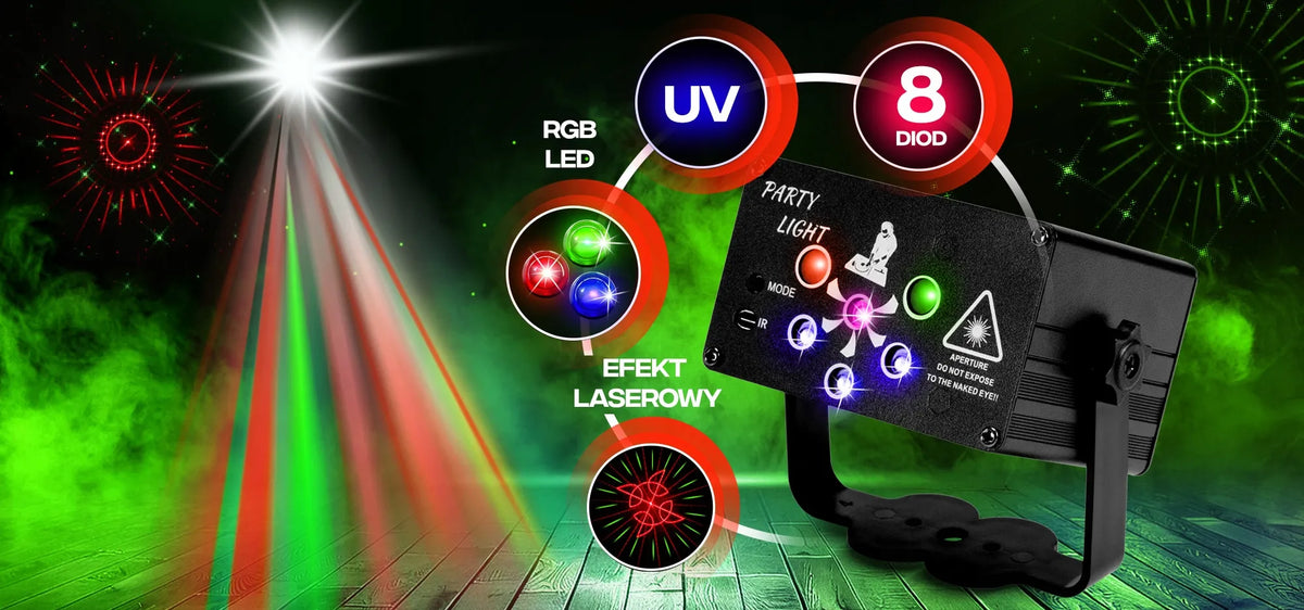Diskotekinis lazerinis projektorius „MusicMate 6Hole“ su LED ir stroboskopo efektais